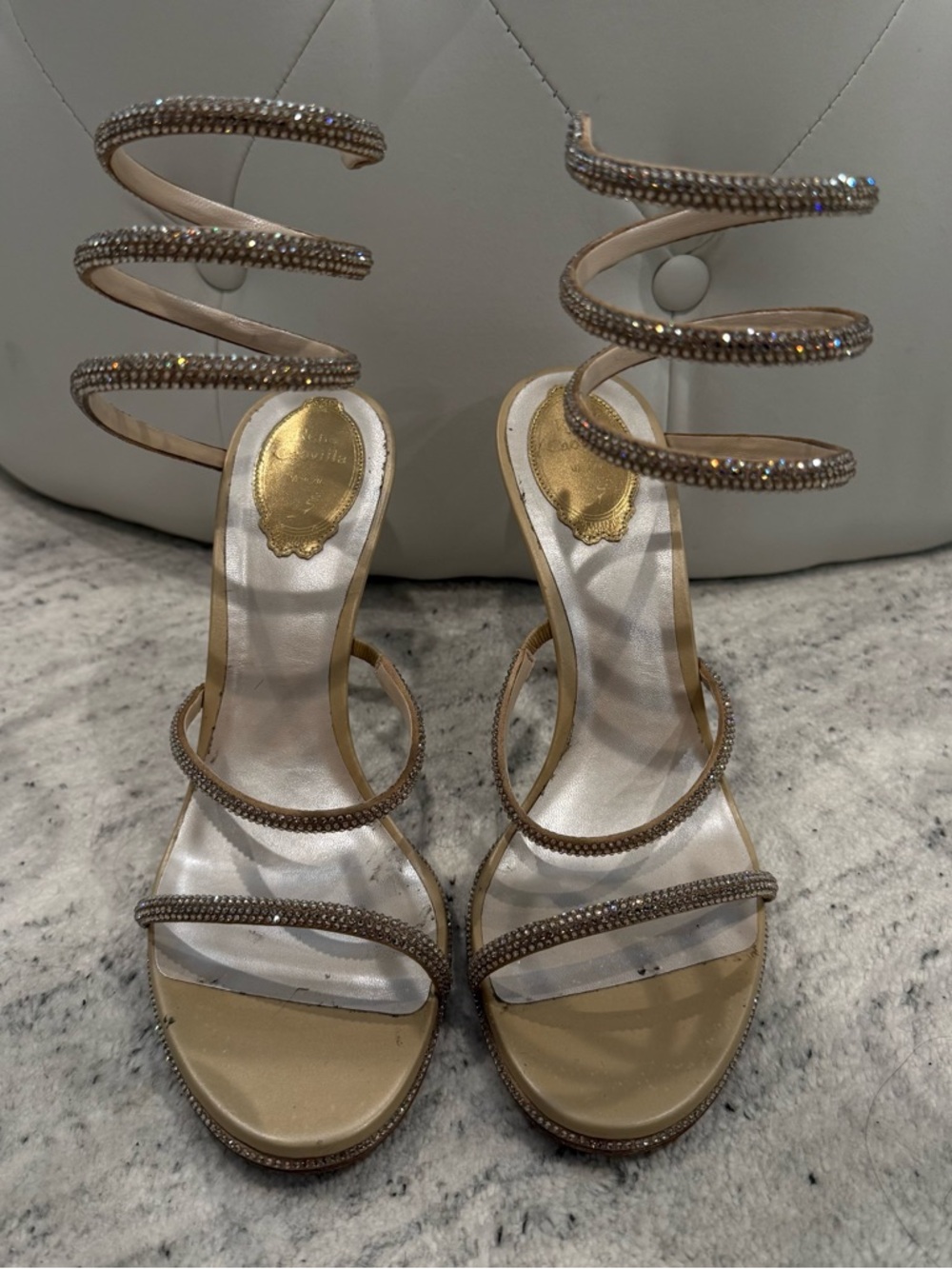 Rene Caovilla Champagne Spiral Crystal Wrap Heels 41